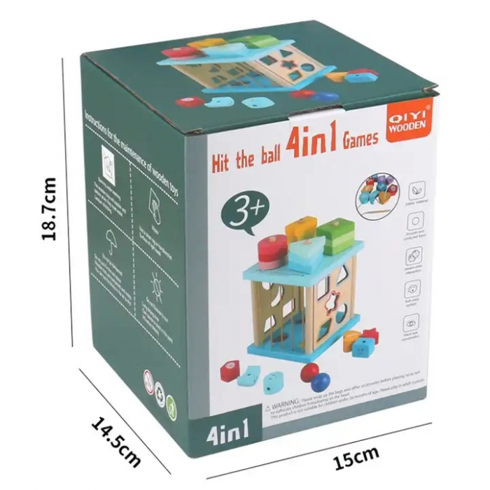 Centru din lemn educativ Montessori, Cub activitati 4 in 1, Sortator de forme geometrice, 3 ani + [6]