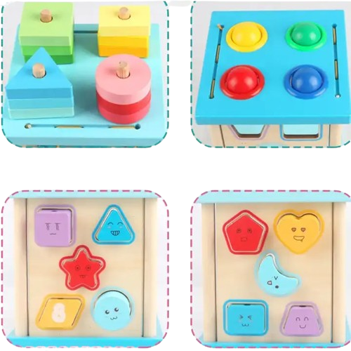 Centru din lemn educativ Montessori, Cub activitati 4 in 1, Sortator de forme geometrice, 3 ani + [2]