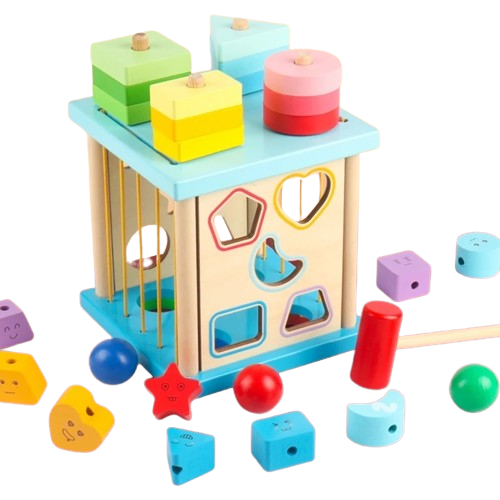 Centru din lemn educativ Montessori, Cub activitati 4 in 1, Sortator de forme geometrice, 3 ani + [4]