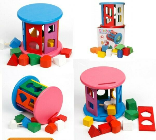 Cilindru din lemn cu sortator de forme geometrice si culori - Wooden Toy [3]