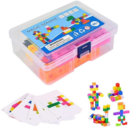 Cuburi de constructie Magic Square, plastic, 60 Bucati,  10 culori diferite, 30 Carduri cu Modele, 3 ani+, EduJucarii [1]
