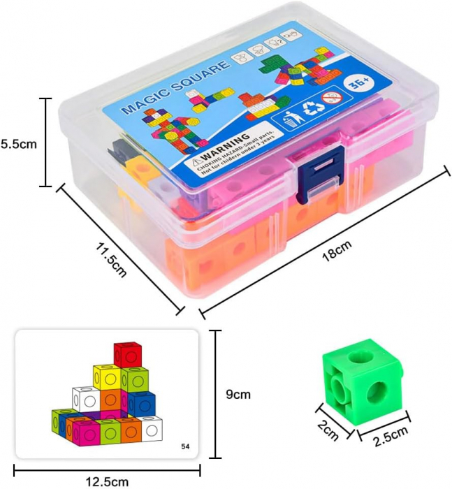 Cuburi de constructie Magic Square, plastic, 60 Bucati,  10 culori diferite, 30 Carduri cu Modele, 3 ani+, EduJucarii [7]