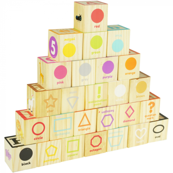 Cuburi din lemn cu litere, cifre, forme geometrice, animale, obiecte ...