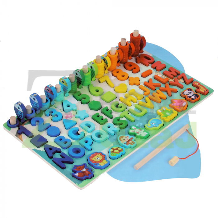 Forest animals -Joc de lemn 7 in 1 Montessori logaritmic, litere, cifre, forme geometrice, animale salbatice, pestisori magnetici de pescuit si cerculete de sortata [1]