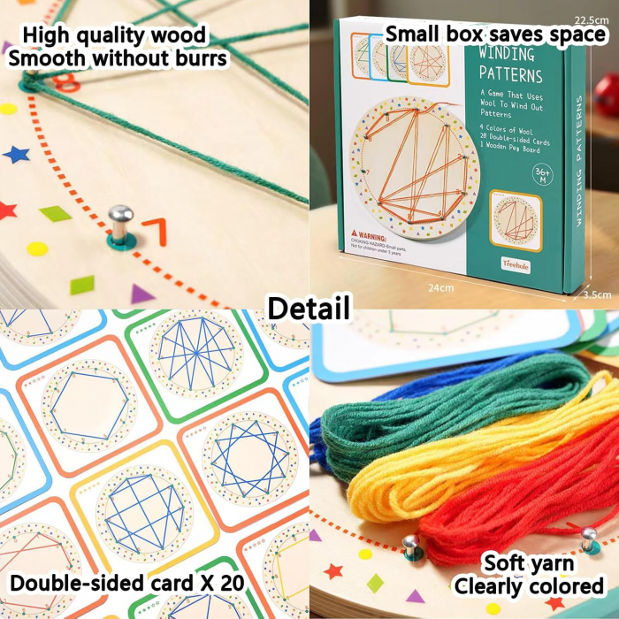 Joc creativ desenează cu siret, snuruit  pe placă din Lemn, Winding Patterns,25 piese, Montessori, 4 ani +, EduJucarii [7]