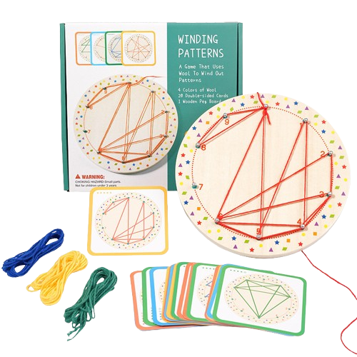 Joc creativ desenează cu siret, snuruit  pe placă din Lemn, Winding Patterns,25 piese, Montessori, 4 ani +, EduJucarii [1]
