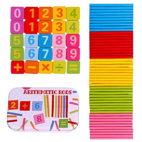 Joc de aritmetica cu cifre, simboluri matematice magnetice si betisoare din lemn in cutie metalica, 75 piese , Edujucarii [5]