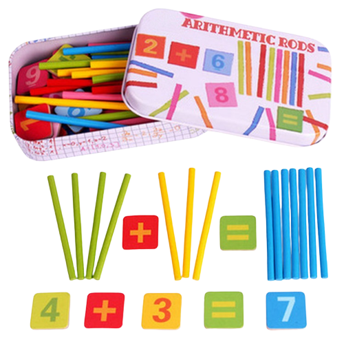 Joc de aritmetica cu cifre, simboluri matematice magnetice si betisoare din lemn in cutie metalica, 75 piese , Edujucarii [1]