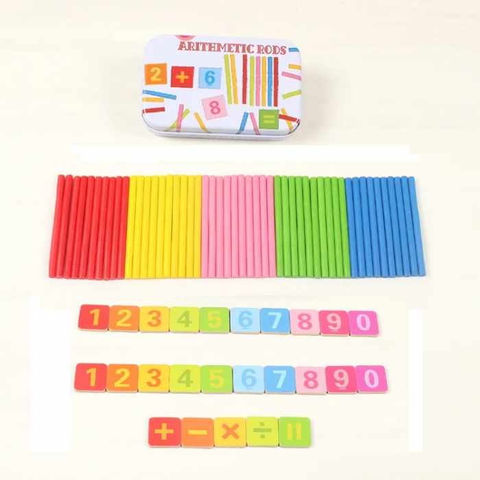 Joc de aritmetica cu cifre, simboluri matematice magnetice si betisoare din lemn in cutie metalica, 75 piese , Edujucarii [4]