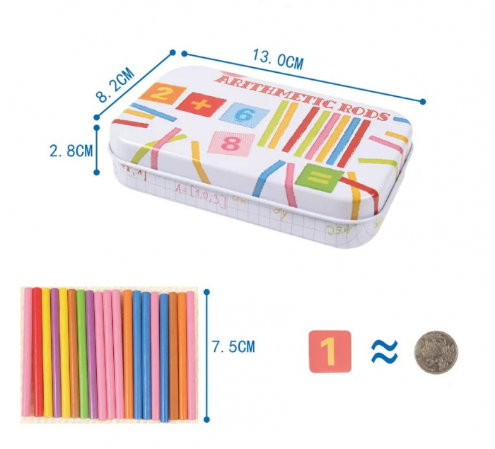 Joc de aritmetica cu cifre, simboluri matematice magnetice si betisoare din lemn in cutie metalica, 75 piese , Edujucarii [10]
