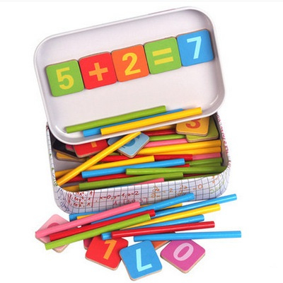 Joc de aritmetica cu cifre, simboluri matematice magnetice si betisoare din lemn in cutie metalica, 75 piese , Edujucarii [3]