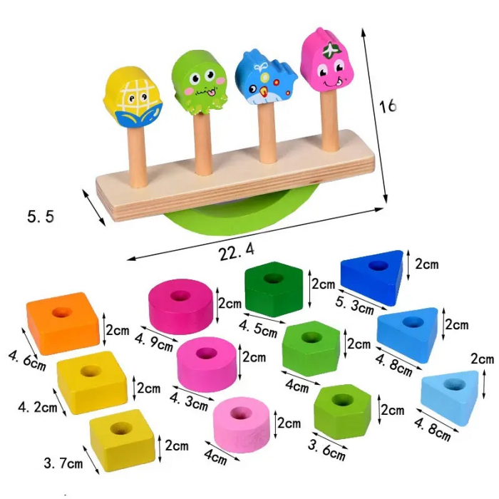 Joc de echilibru si sortare, Balanta cu Animale si Fructe, forme geometrice, 4 coloane, Montessori, + 3 ani, Edujucarii [8]