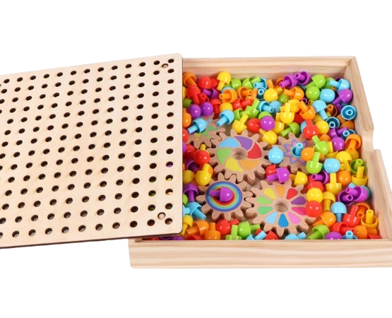 Joc de indemanare si asociere culori, Mozaic, roti zimtate, pioni colorati din lemn si 10 planse, 196 de piese, Joc tip Montessori, 3 ani+, Edujucarii [9]