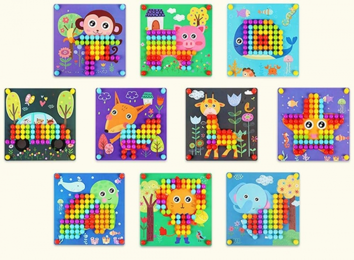 Joc de indemanare si asociere culori, Mozaic, roti zimtate, pioni colorati din lemn si 10 planse, 196 de piese, Joc tip Montessori, 3 ani+, Edujucarii [2]