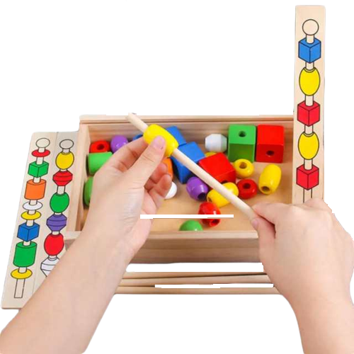 Joc de insiruire si sortare dupa model, siruri cu margele din lemn, indemanare, Montessori [8]