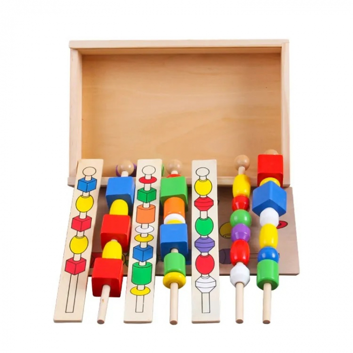 Joc de insiruire si sortare dupa model, siruri cu margele din lemn, indemanare, Montessori [10]