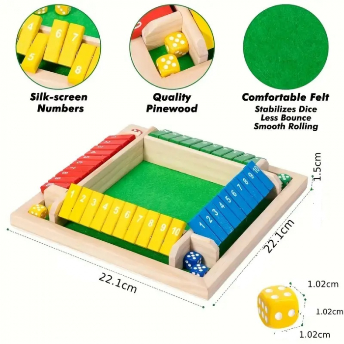 Joc de masă cu zaruri Shut The Box, lemn, 4 fețe, 10 numere,  2 - 4 jucatori, pentru copii și adulți, 3 ani+, Edujucarii [6]