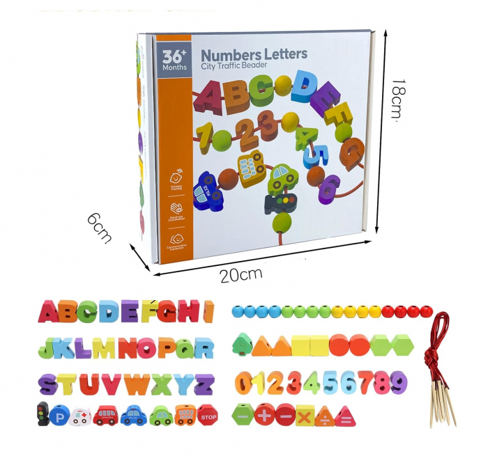 Joc de Snuruit cu Margele din Lemn, Joc de abilitati,  Numbers Letters 75 piese, 3 ani+, EduJucarii [4]
