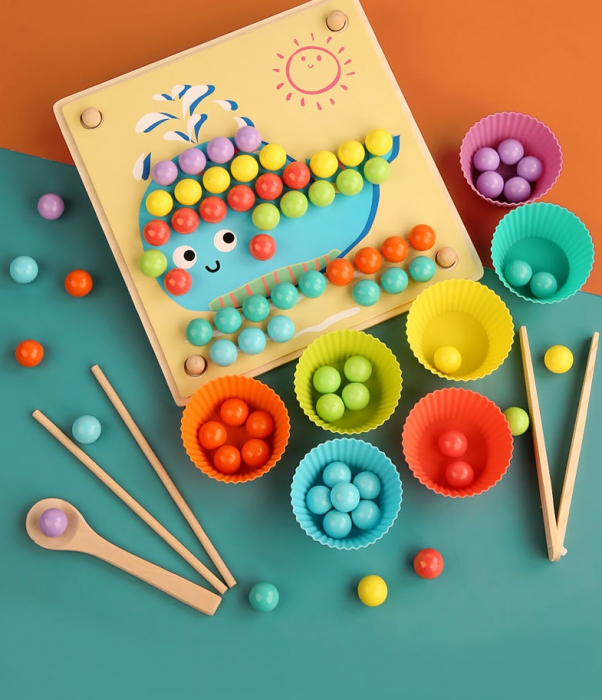 Joc de sortare, indemanare si asociere culori, 77 bile colorate din lemn si accesorii, Joc tip Montessori, 3 ani+ [2]