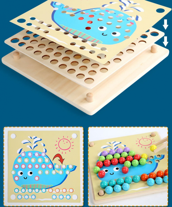 Joc de sortare, indemanare si asociere culori, 77 bile colorate din lemn si accesorii, Joc tip Montessori, 3 ani+ [4]