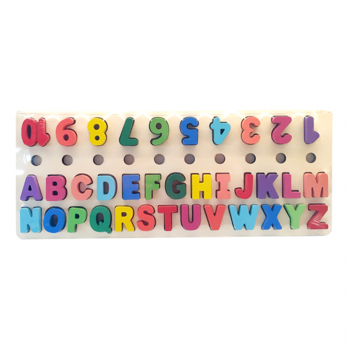 Puzzle didactic educativ din lemn, Alfabet, Numere și Inelule de sortare, Logaritmic, Montessori, Alphanumeric pairing, 101 piese, 3 ani+, EduJucarii [4]
