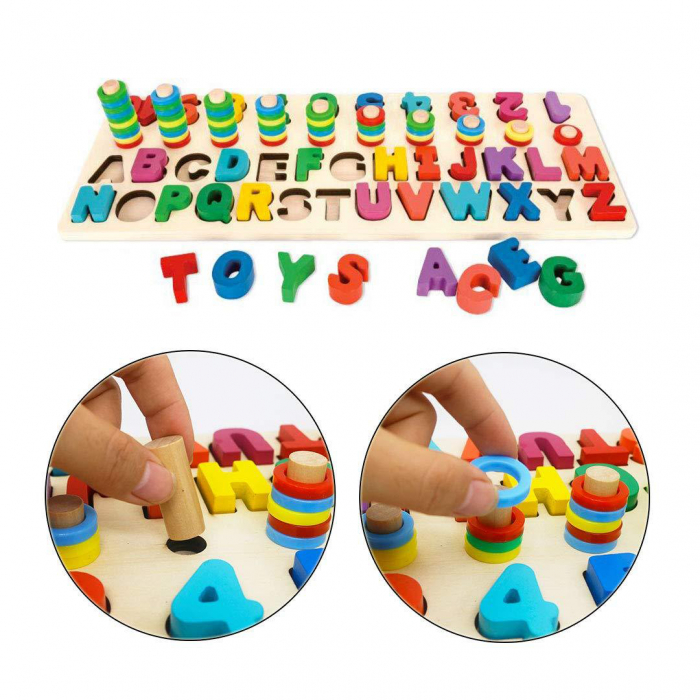 Puzzle didactic educativ din lemn, Alfabet, Numere și Inelule de sortare, Logaritmic, Montessori, Alphanumeric pairing, 101 piese, 3 ani+, EduJucarii [2]