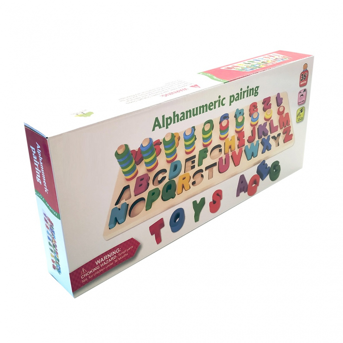 Puzzle didactic educativ din lemn, Alfabet, Numere și Inelule de sortare, Logaritmic, Montessori, Alphanumeric pairing, 101 piese, 3 ani+, EduJucarii [5]