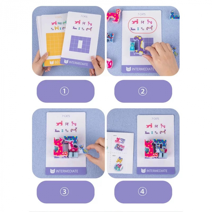 Joc Educativ 3D,  Montessori, Lemn, Tetris Cu Pisici, 4 ani+ [6]