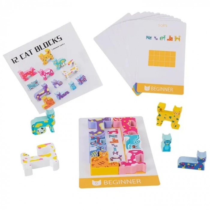 Joc Educativ 3D,  Montessori, Lemn, Tetris Cu Pisici, 4 ani+ [2]
