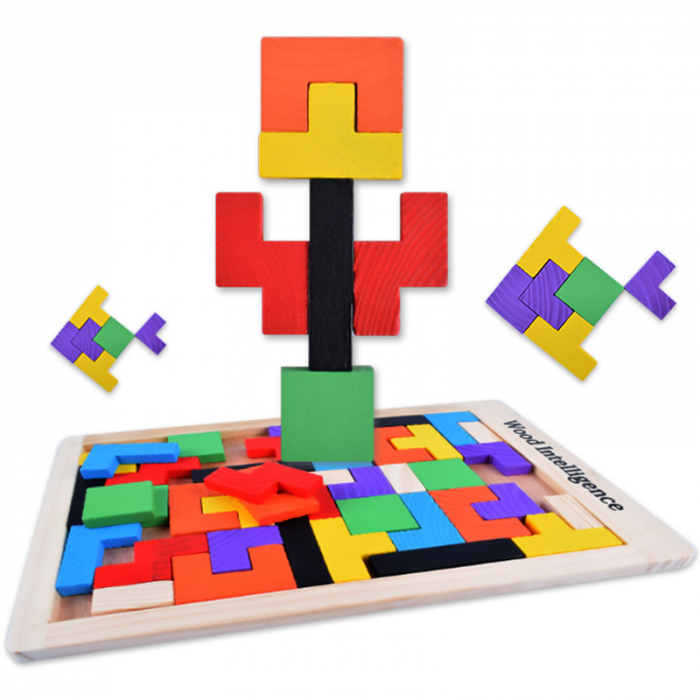 Joc educativ de inteligenta Tetris, puzzle, lemn, multicolor, Montesorri, 3 ani+, Edujucarii [14]