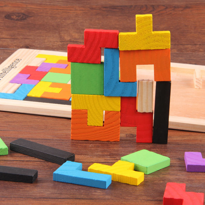 Joc educativ de inteligenta Tetris, puzzle, lemn, multicolor, Montesorri, 3 ani+, Edujucarii [5]