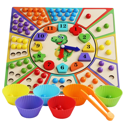 Joc Educativ din Lemn, Ceas Dinozaur, Sortare Culori și Motricitate Fină, Montessori 3 ani+, EduJucarii [1]