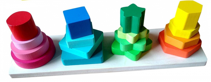 Joc educativ din lemn de sortare, potrivire si stivuire forme geometrice, 4 coloane, 16 forme geometrice, Montessori, 3 ani [4]