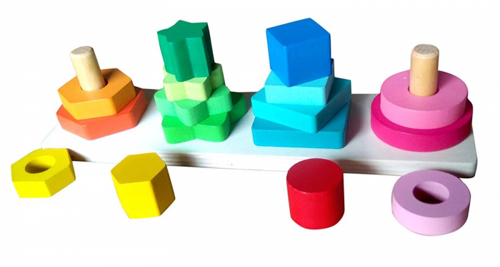 Joc educativ din lemn de sortare, potrivire si stivuire forme geometrice, 4 coloane, 16 forme geometrice, Montessori, 3 ani [2]
