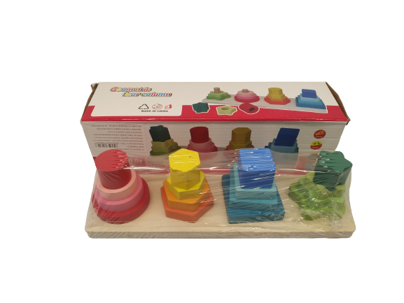 Joc educativ din lemn de sortare, potrivire si stivuire forme geometrice, 4 coloane, 16 forme geometrice, Montessori, 3 ani [5]