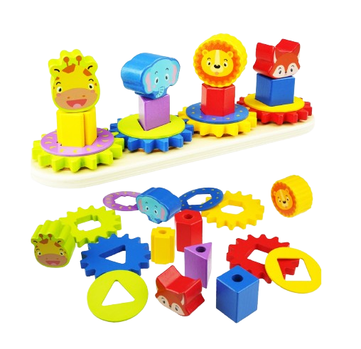 Joc educativ din lemn de sortare, potrivire si stivuire forme geometrice, roti zimtate, 4 coloane animale salbatice, 16 forme geometrice, 3 ani+, EduJucarii [1]