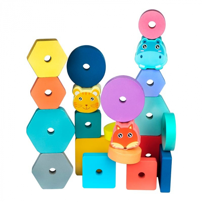 Joc educativ din lemn de sortare, potrivire si stivuire forme geometrice, 3 coloane cu animale, Montessori, 3 ani [3]