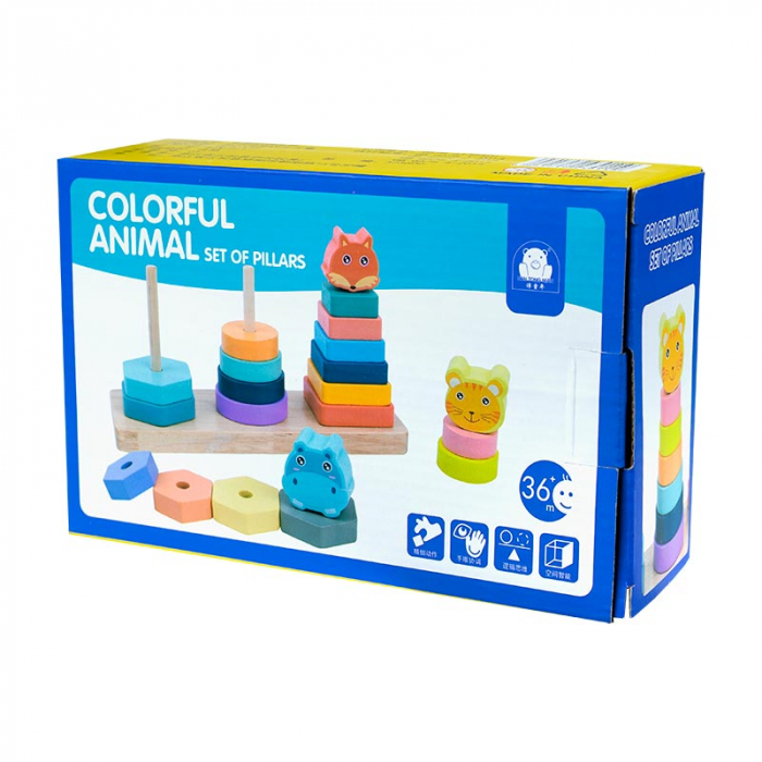 Joc educativ din lemn de sortare, potrivire si stivuire forme geometrice, 3 coloane cu animale, Montessori, 3 ani [7]