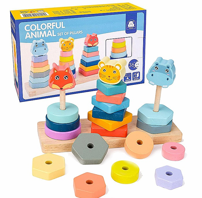 Joc educativ din lemn de sortare, potrivire si stivuire forme geometrice, 3 coloane cu animale, Montessori, 3 ani [8]