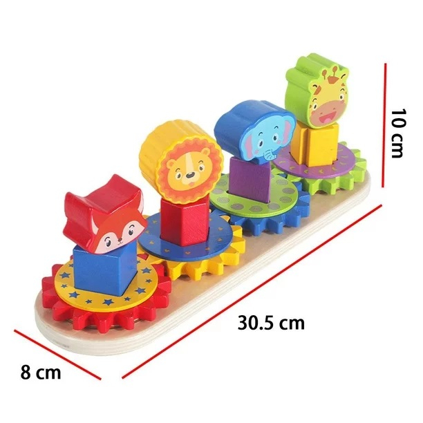 Joc educativ din lemn de sortare, potrivire si stivuire forme geometrice, roti zimtate, 4 coloane animale salbatice, 16 forme geometrice, 3 ani+, EduJucarii [4]