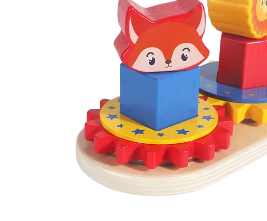 Joc educativ din lemn de sortare, potrivire si stivuire forme geometrice, roti zimtate, 4 coloane animale salbatice, 16 forme geometrice, 3 ani+, EduJucarii [12]