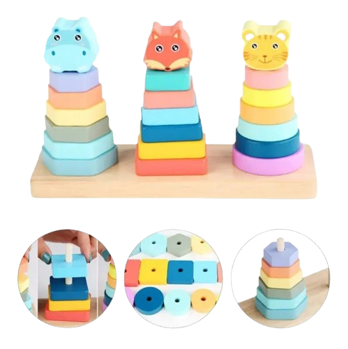 Joc educativ din lemn de sortare, potrivire si stivuire forme geometrice, 3 coloane cu animale, Montessori, 3 ani [9]
