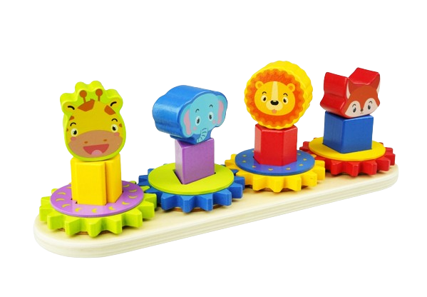 Joc educativ din lemn de sortare, potrivire si stivuire forme geometrice, roti zimtate, 4 coloane animale salbatice, 16 forme geometrice, 3 ani+, EduJucarii [2]