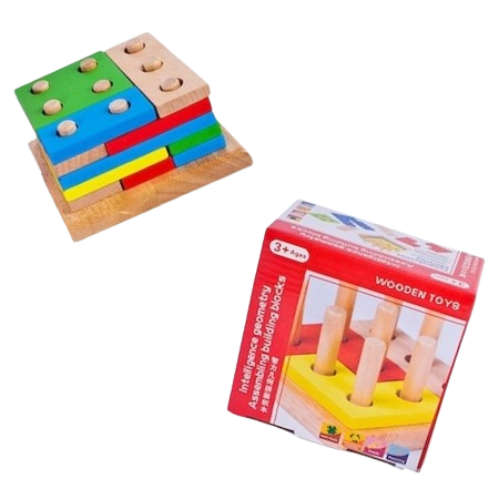 Joc educativ din lemn de sortare, potrivire si stivuire forme geometrice, 9 coloane, 15 forme geometrice, 3 ani, Sortator Montessori din lemn cu forme geometrice [9]