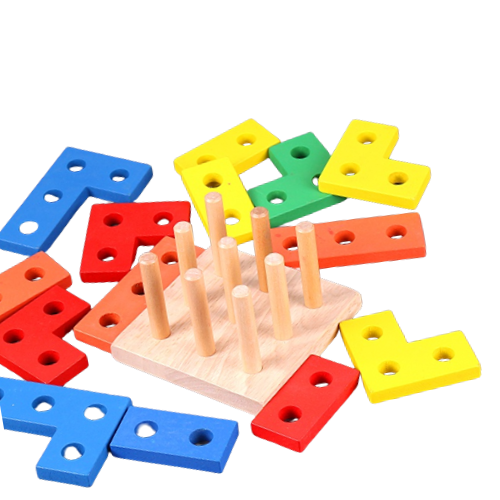 Joc educativ din lemn de sortare, potrivire si stivuire forme geometrice, 9 coloane, 15 forme geometrice, 3 ani, Sortator Montessori din lemn cu forme geometrice [2]