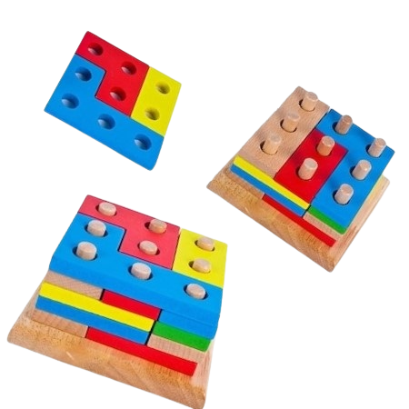 Joc educativ din lemn de sortare, potrivire si stivuire forme geometrice, 9 coloane, 15 forme geometrice, 3 ani, Sortator Montessori din lemn cu forme geometrice [6]