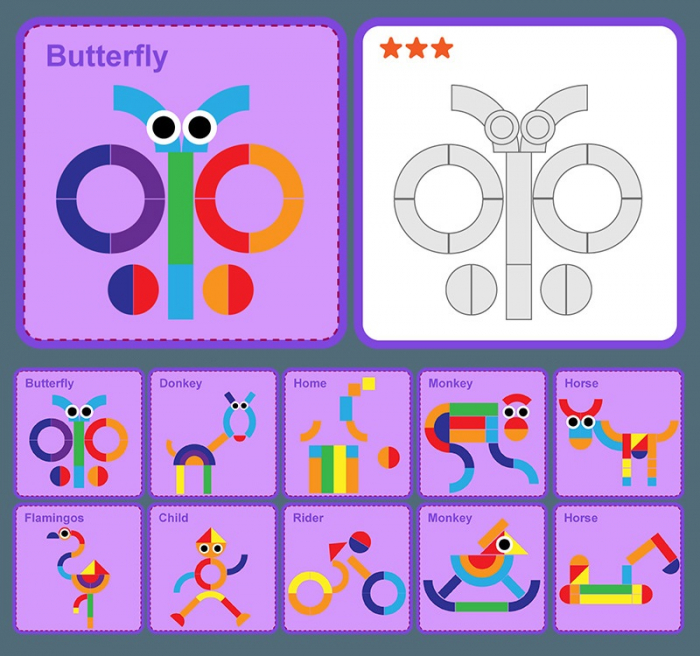 Joc educativ Montessori, Tangram cu 40 piese geometrice multicolore din lemn, + 3 ani [5]