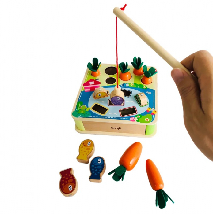 Joc interactiv din lemn, culege morcovi si pescuieste, Montessori, pentru motricitate fina si potrivirea formelor,  2 ani +, EduJucarii [3]