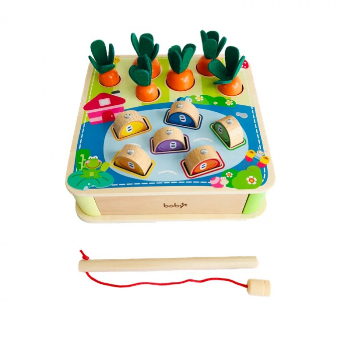 Joc interactiv din lemn, culege morcovi si pescuieste, Montessori, pentru motricitate fina si potrivirea formelor,  2 ani +, EduJucarii [2]