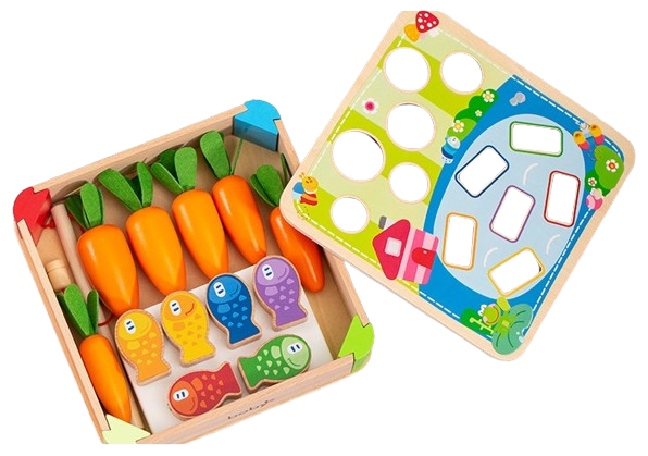 Joc interactiv din lemn, culege morcovi si pescuieste, Montessori, pentru motricitate fina si potrivirea formelor,  2 ani +, EduJucarii [8]